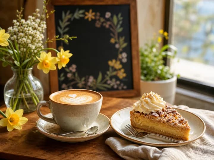 Kaffee und Kuchen in einem sonnigen Café